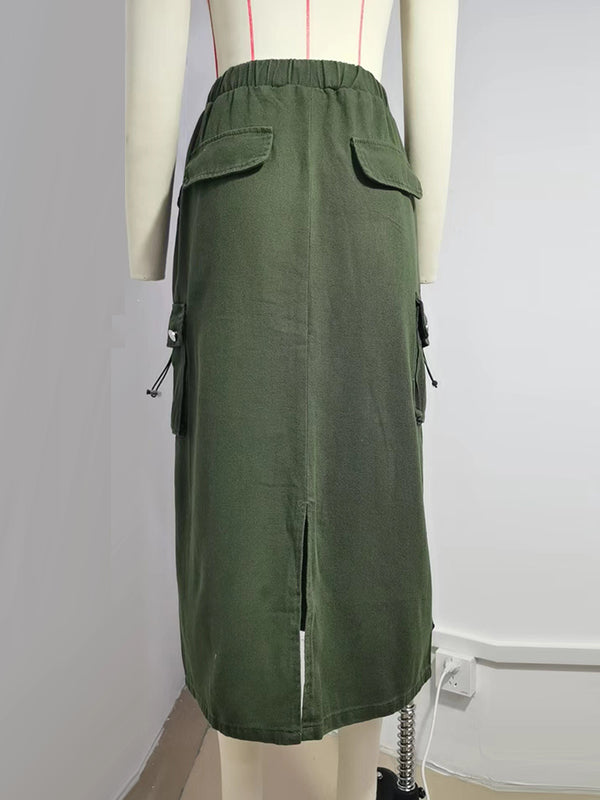 A-Line Buttoned Drawstring Pockets Solid Color Split-Joint Skirts Bottoms