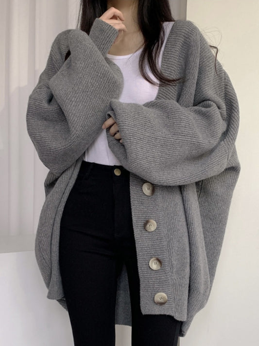 Casual Knit Button Lantern Sleeve Outerwear