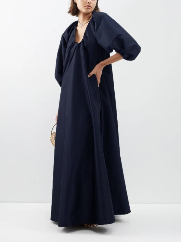 V-Neck Solid Color Puffy Sleeves Loose Maxi Dress