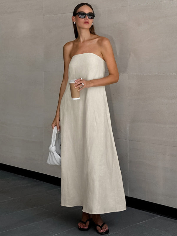 Vacation Cotton-Linen Solid Sheath Backless Maxi Dress
