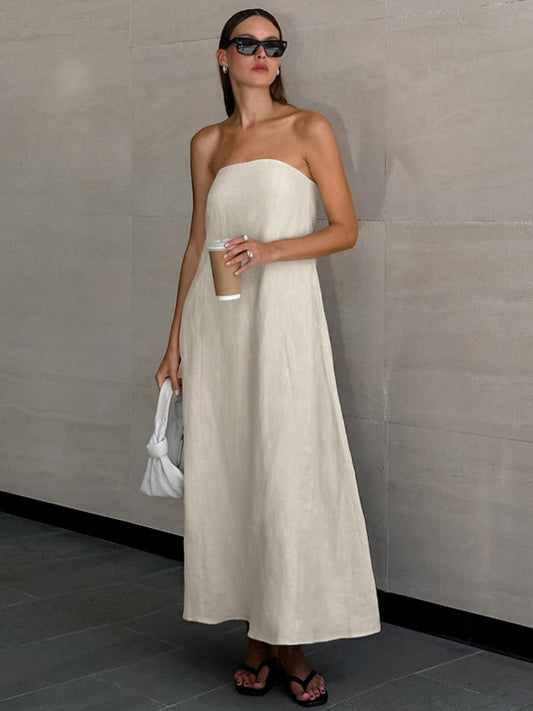 Vacation Cotton-Linen Solid Sheath Backless Maxi Dress