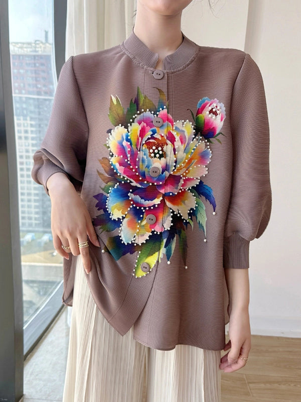 Loose Puff Sleeves Buttoned Flower Print Pleated Round-Neck T-Shirts Tops