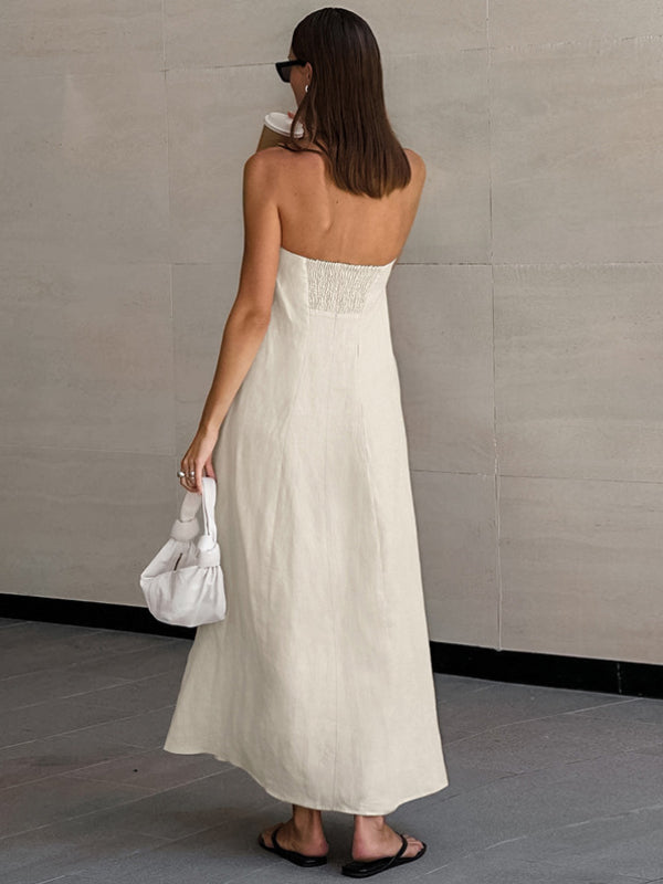 Vacation Cotton-Linen Solid Sheath Backless Maxi Dress