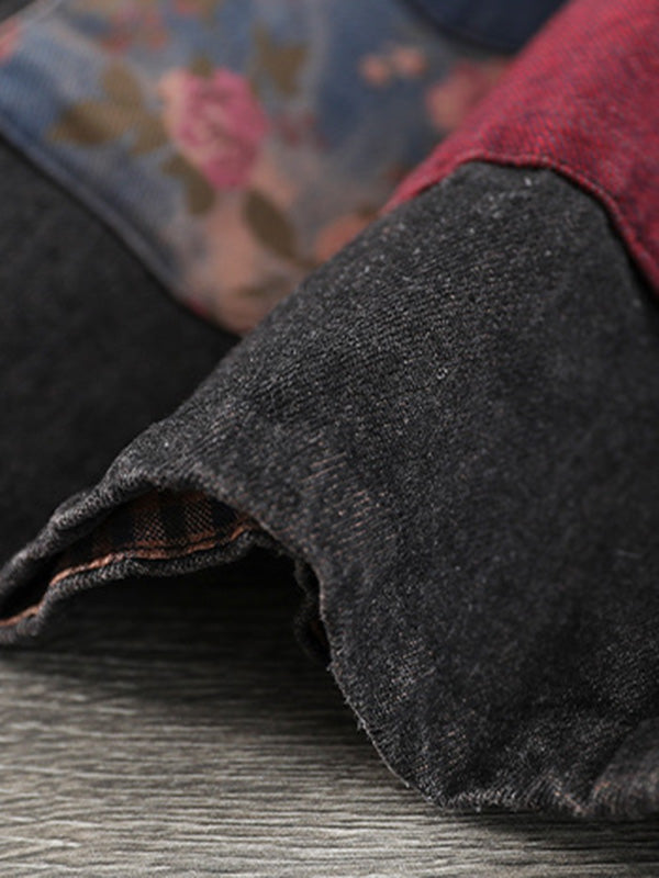 Artistic Retro Loose Denim Sleeveless Buttoned Contrast Color Hooded Vest Outerwear