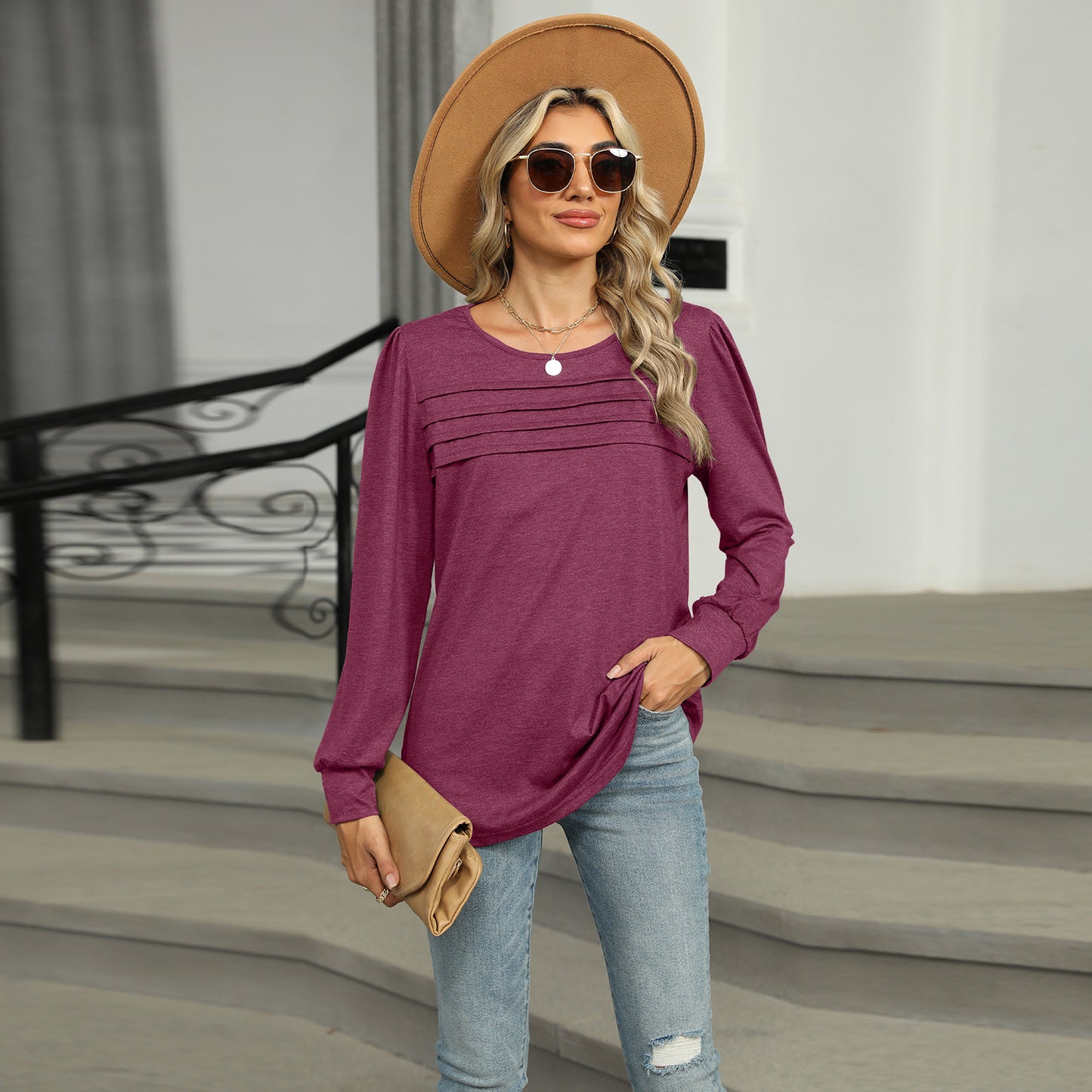 Women's autumn and winter solid color U-neck pleated long-sleeved T-shirt top