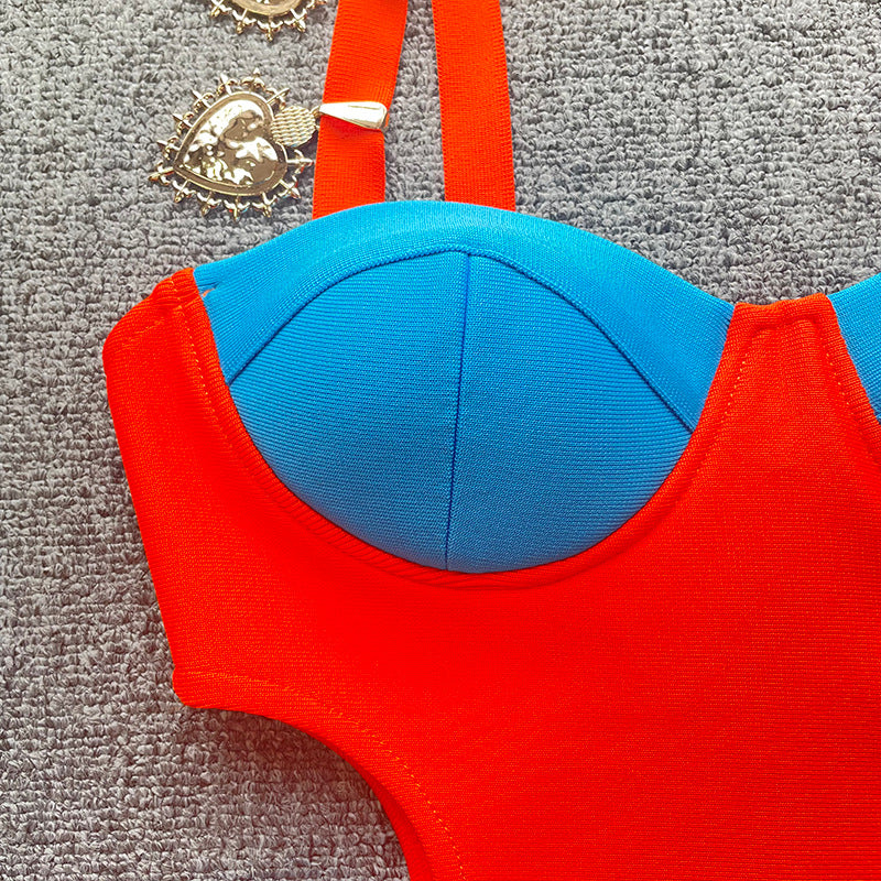 New French contrast color hot girl sexy cutout off-the-shoulder sling bandage one-piece dress