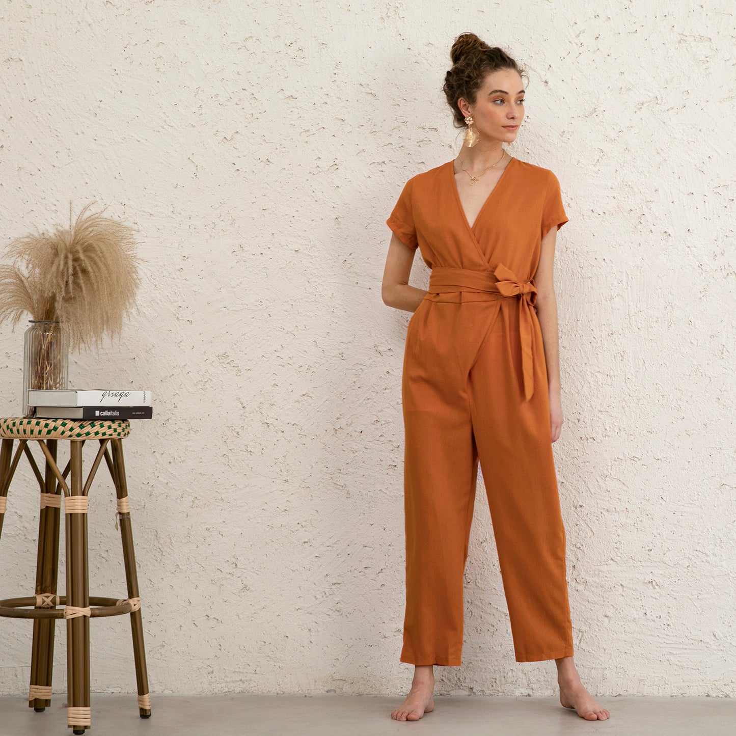 Casual Cozy Linen Wrap Jumpsuit