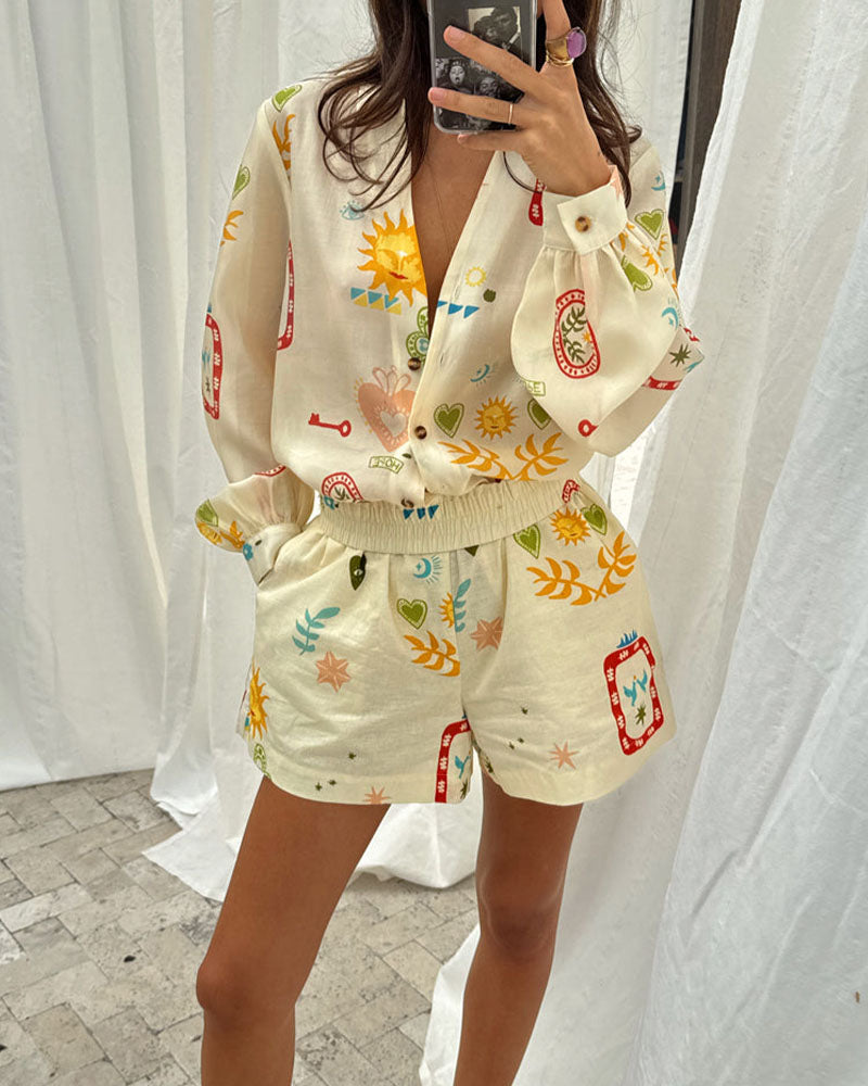Casual all-match shirt cardigan shorts two-piece set