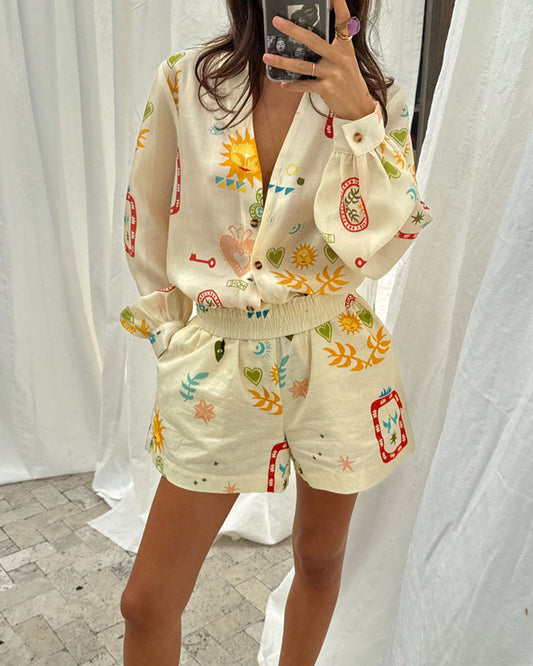 Casual all-match shirt cardigan shorts two-piece set