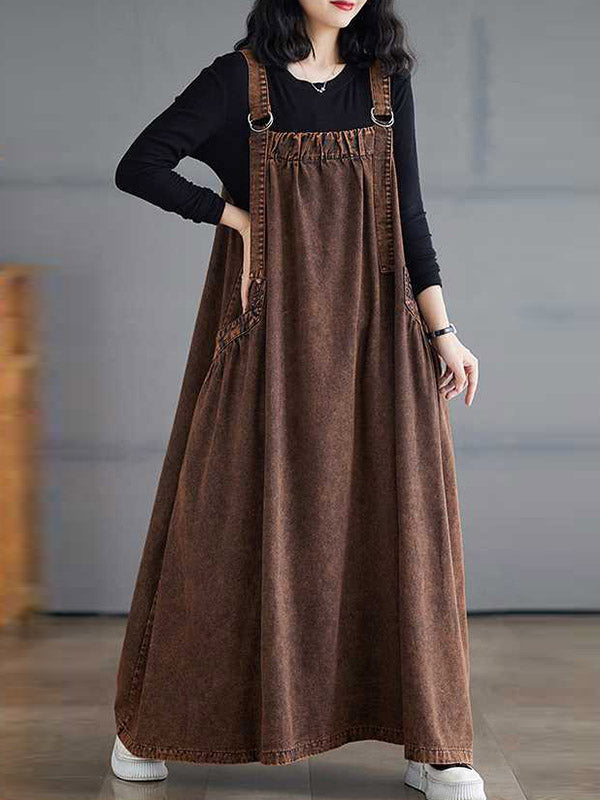 A-Line Loose Pleated Pockets Solid Color Split-Joint Spaghetti-Neck Suspender Dress