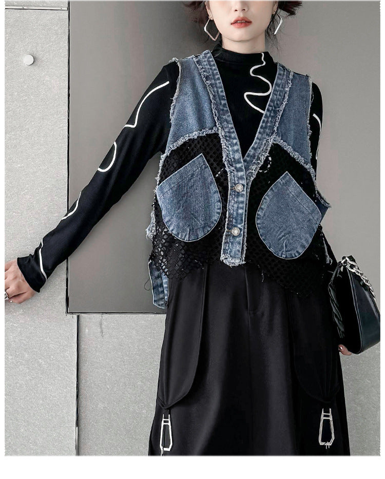 Vintage Mesh Splicing Denim Vest