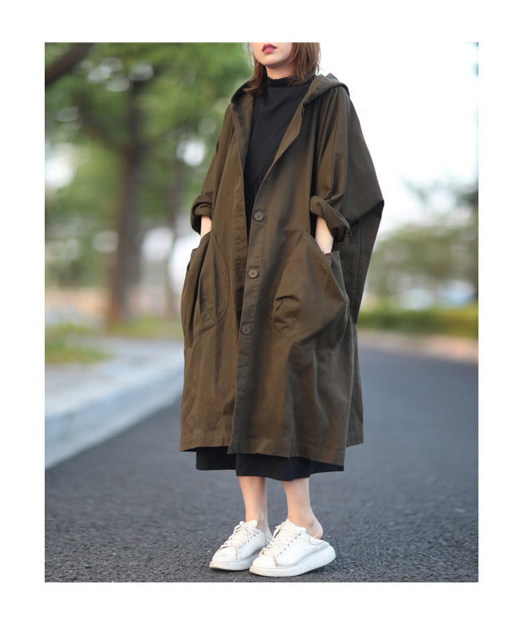 Cool Solid Color Hooded Long Windbreaker Coat
