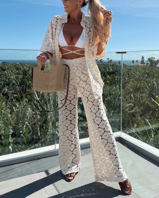 Fashion Hollow Lace Short Sleeve Trousers Set