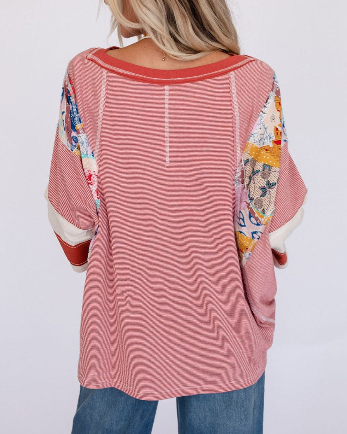 Striped and Floral Patchwork Oversized Top (Buy 2 Free Shipping)
