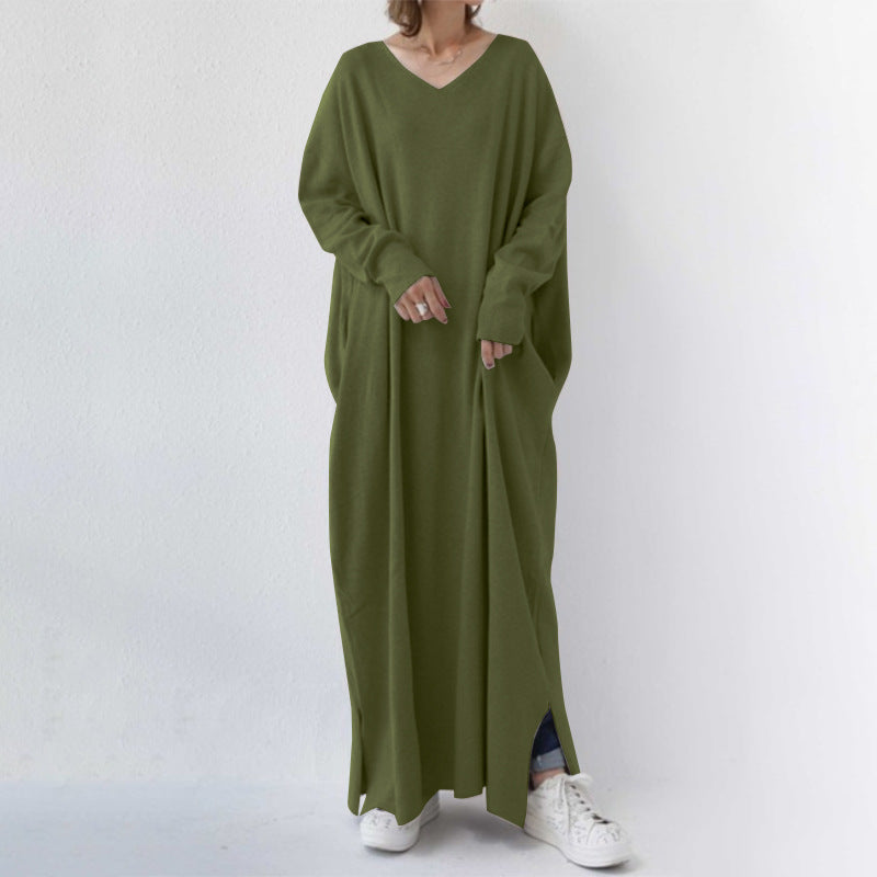 Casual Solid Color V-Neck Knitted Maxi Dress
