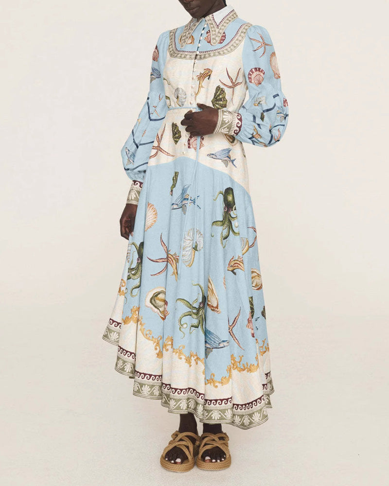 Summer Printed Doll Collar Cardigan Dress