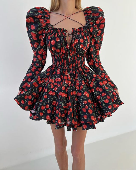 Elegant Lace-Up Print Mini Dress