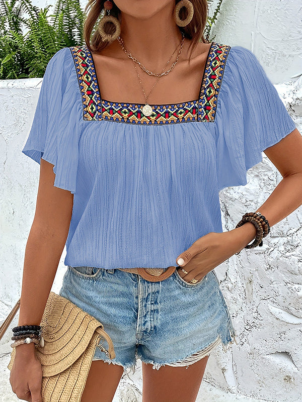 High-Low Loose Embroidered Pleated Square-Neck T-Shirts Tops
