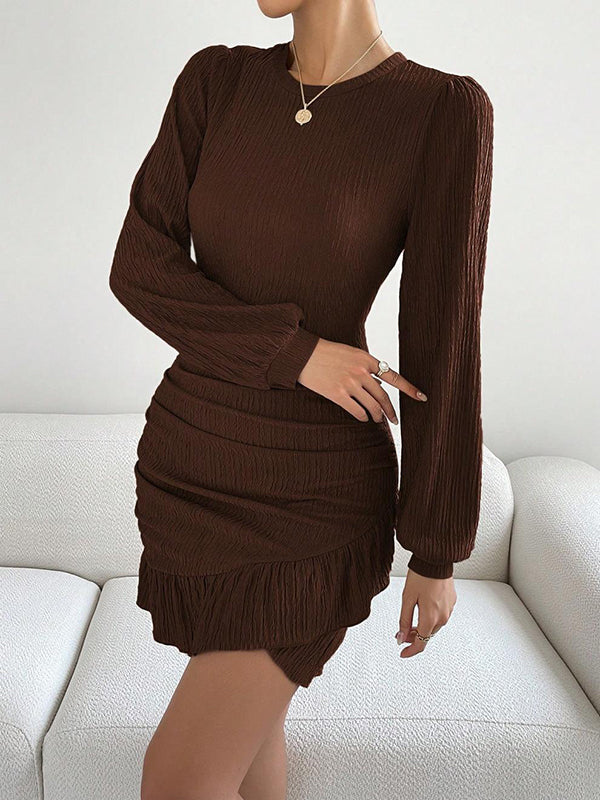 Bodycon Long Sleeves Pleated Ruffle Trim Solid Color Split-Joint Round-Neck Mini Dresses