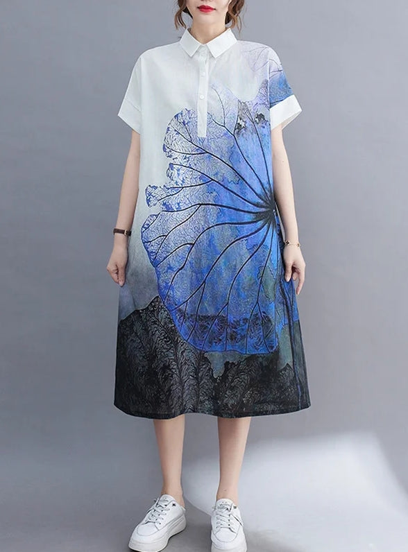 Literary Vintage Printing Button-Down Lapel Short-Sleeved Shirt Midi Dress