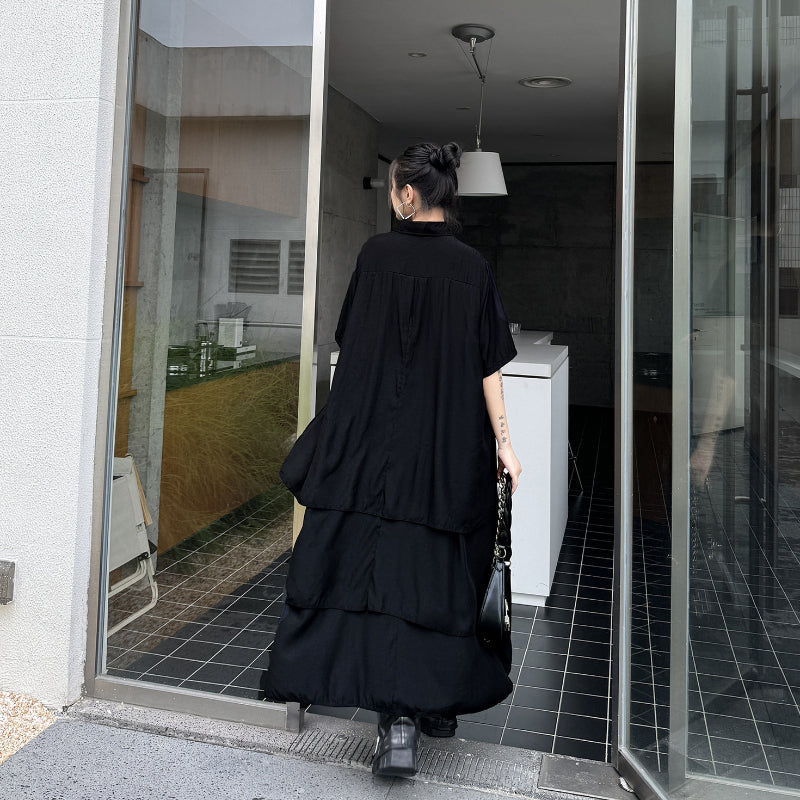 Cool Black Irregular Hem Short Sleeve Shirt Dress