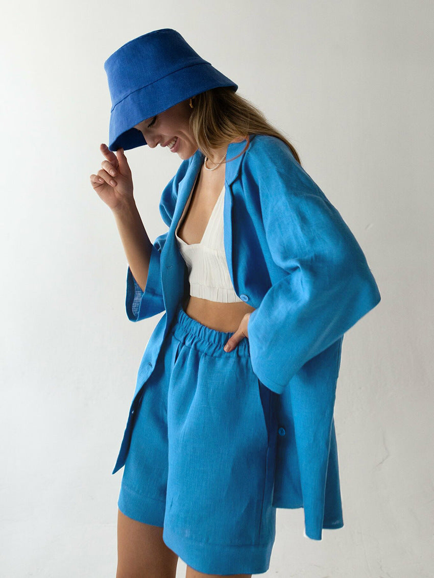 Cotton shorts suit women's lapel loose single-breasted Shirt high waist straight pants two-piece set