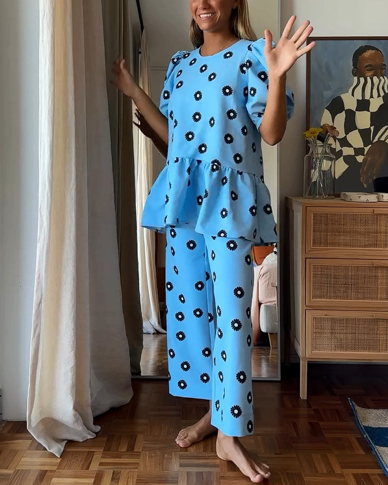 Puff sleeve floral print two piece set