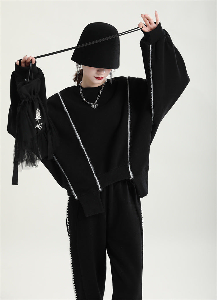 Irregular Splicing Round Neck Long Sleeve Velvet Sweatshirt