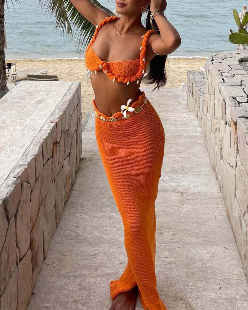 Shell Twist Cutout Sling & Beach Skirt Set
