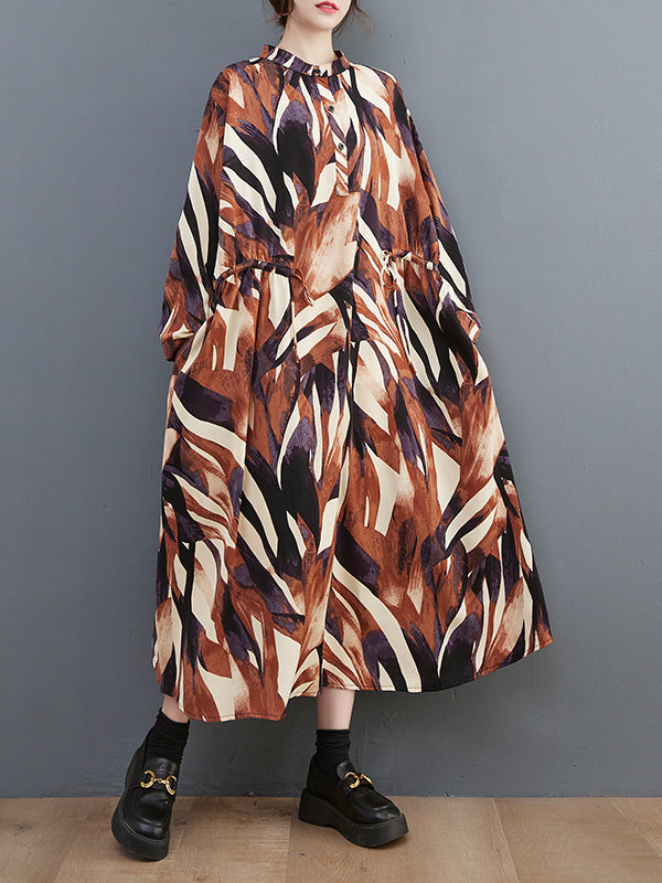 Casual Print Stand Collar Long Sleeve Midi Dress