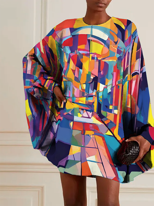 Batwing Sleeves Long Sleeves Buttoned Hollow Printed Round-Neck Mini Dresses