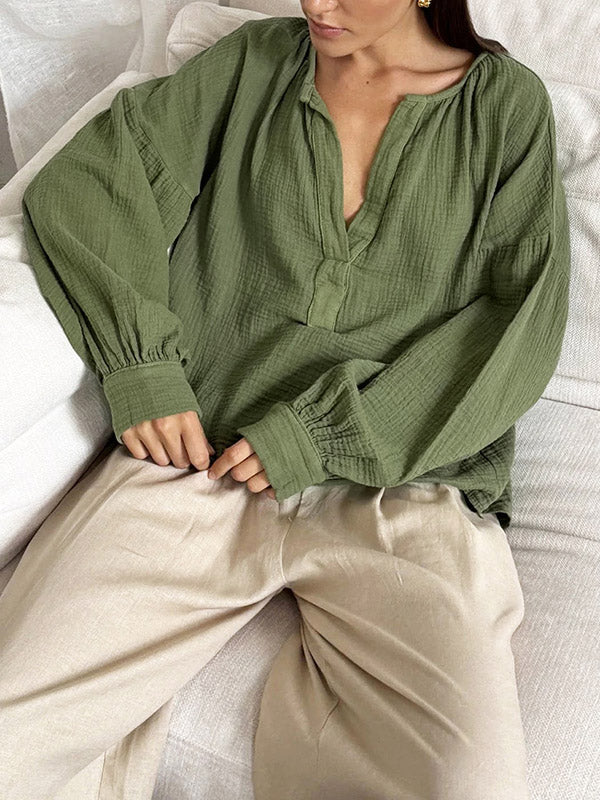 Loose Puff Sleeves Pleated Solid Color Split-Joint V-Neck Blouses&Shirts Tops