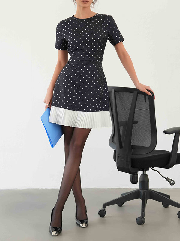 A-Line High Waisted Pleated Polka-Dot Split-Joint Round-Neck Mini Dresses