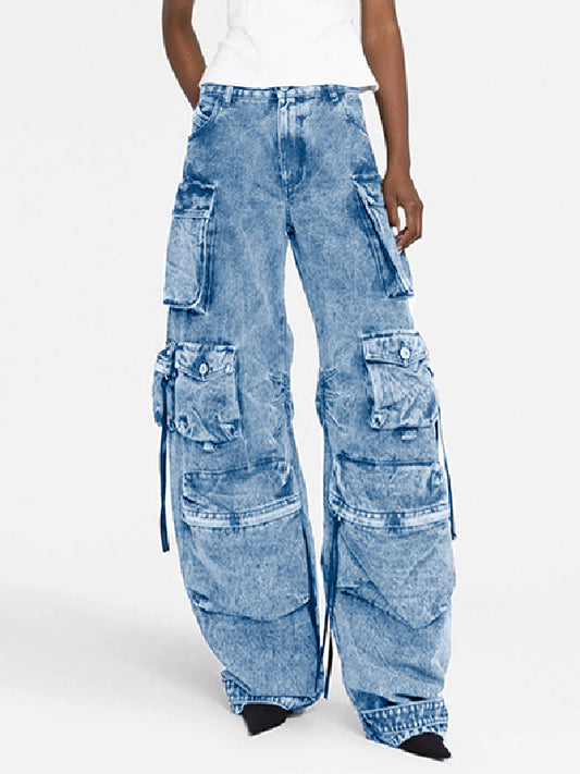 Loose Pleated Pockets Split-Joint Streamer Jean Pants Bottoms