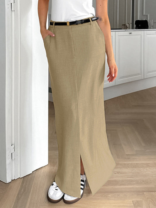 Bodycon High Waisted No Belt Pockets Solid Color Split-Front Skirts Bottoms