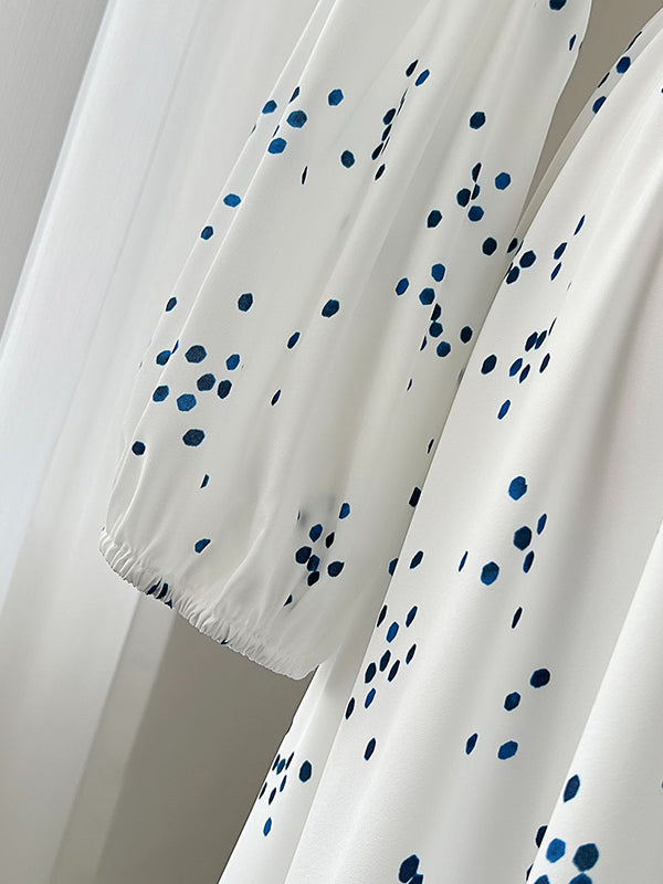 High Waisted High-Low Pleated Polka-Dot Tied Waist V-Neck Maxi Dresses