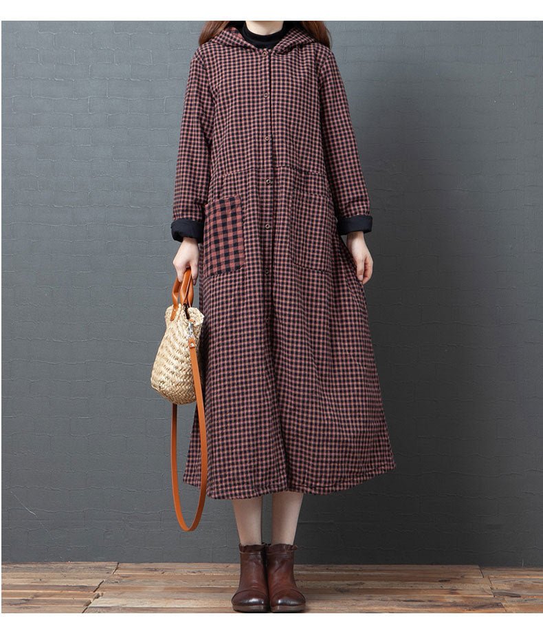 Loose Splicing Hooded Plaid Midi Dress