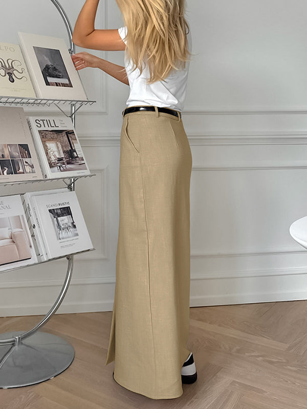 Bodycon High Waisted No Belt Pockets Solid Color Split-Front Skirts Bottoms