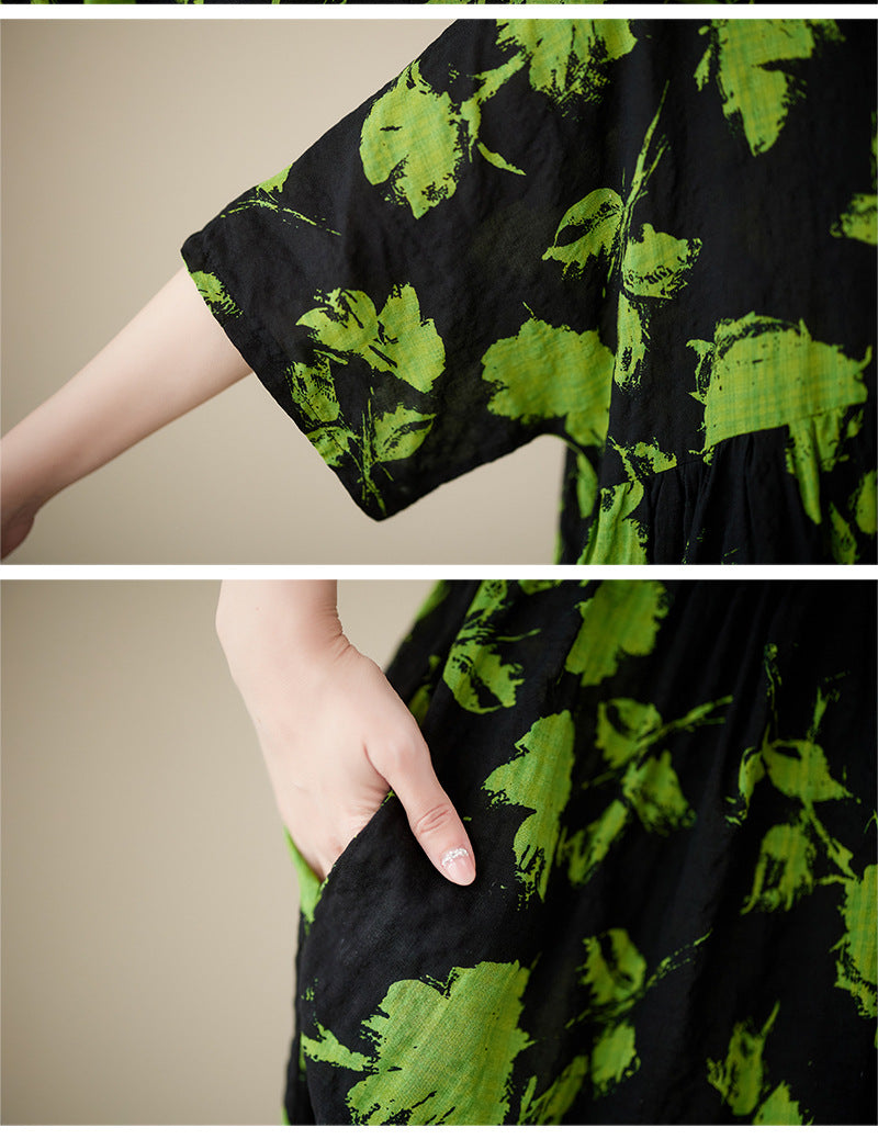 Bohemian Print Short Sleeve Round Neck Midi Dress