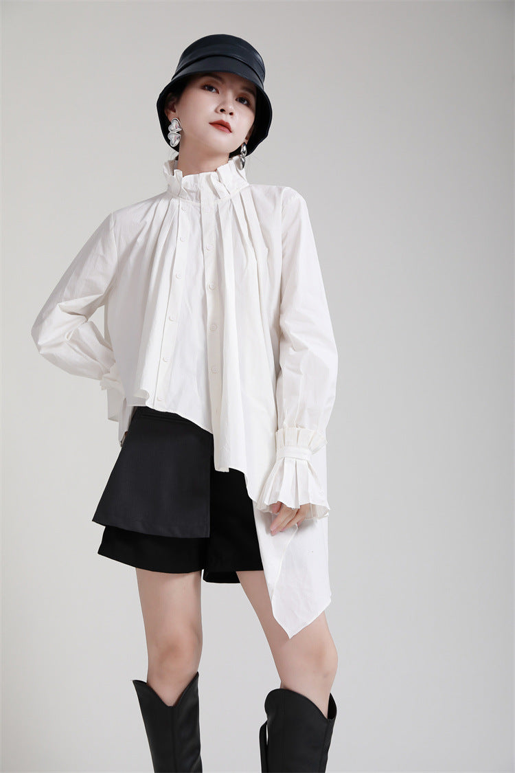 Irregular Solid Color Stand Collar Long Sleeve Shirt