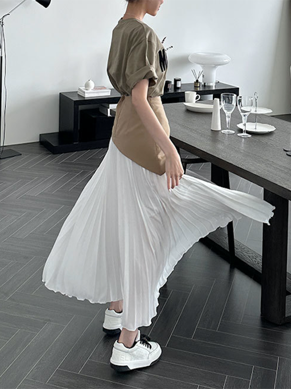 A-Line Loose Contrast Color Pleated Split-Joint Skirts Bottoms