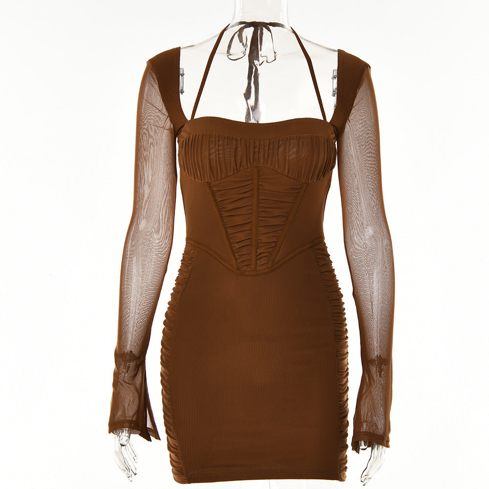 Sexy low-cut tight-fitting dress autumn long sleeve halter backless hip dresses for women