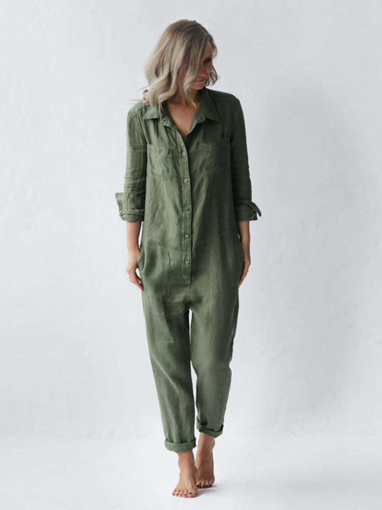 Button Up Casual Linen Jumpsuit