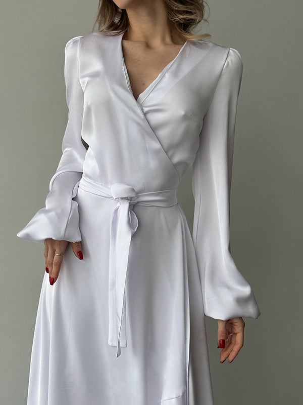 Loose Puff Sleeves Asymmetric Pleated Solid Color Split-Joint Tied Waist V-Neck Maxi Dresses Shirt Dress