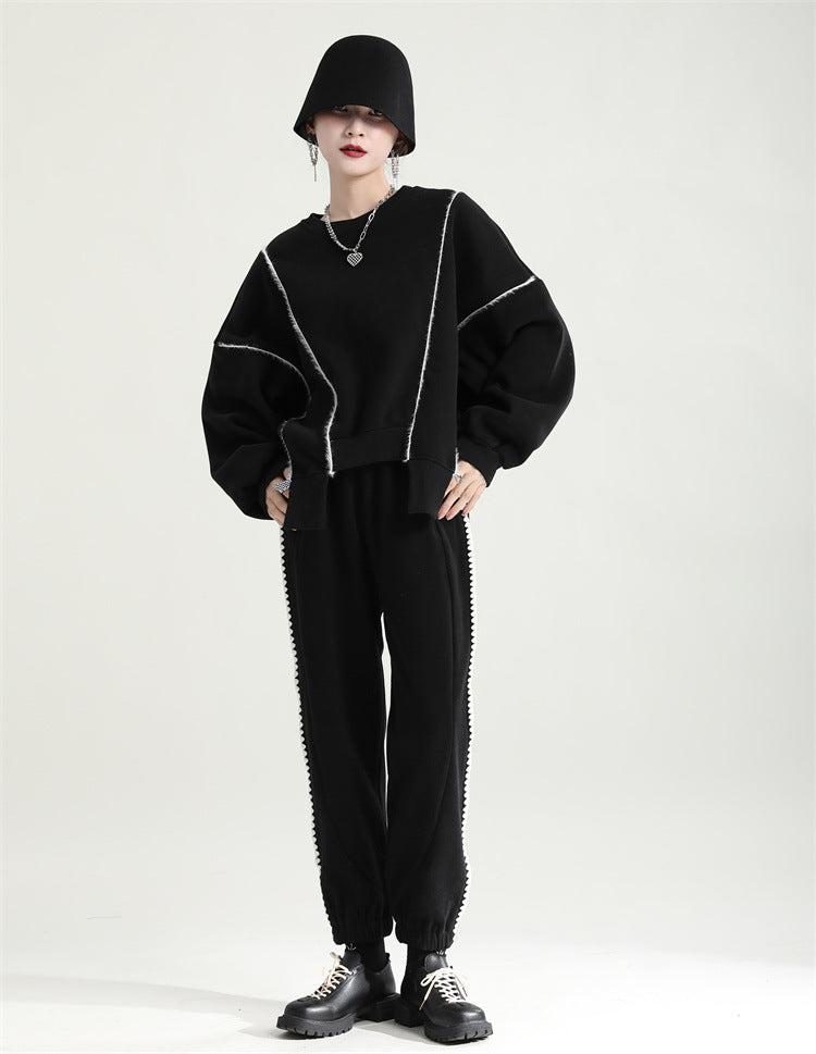 Irregular Splicing Round Neck Long Sleeve Velvet Sweatshirt