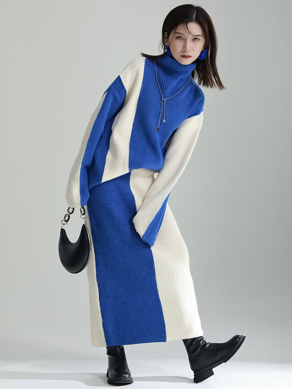 Casual Loose Long Sleeves Contrast Color High-Neck Sweater Top&Skirt Two Pieces Set