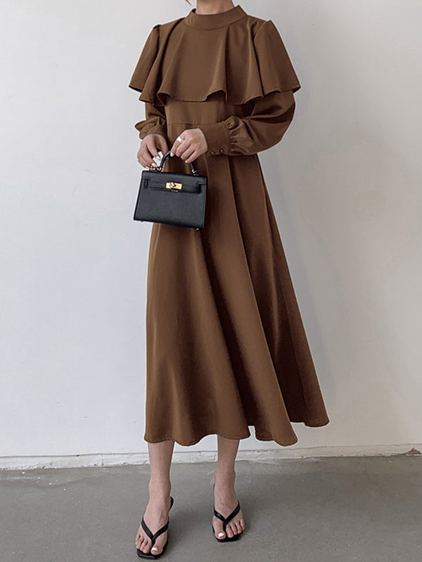 A-Line Long Sleeves Ruffle Trim Solid Color Tied Waist Mock Neck Midi Dresses