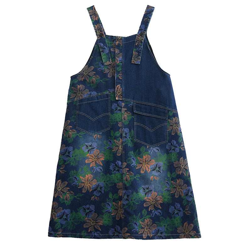 Literary Print Splicing Denim Suspender Midi Dress