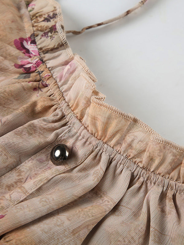 Loose Sleeveless Buttoned Contrast Color Flower Print Tied Spaghetti-Neck Vest Top