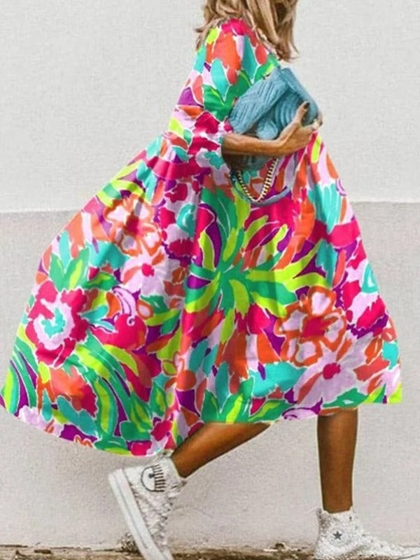 Vintage Floral Print High Low Hem A-Line Midi Dress